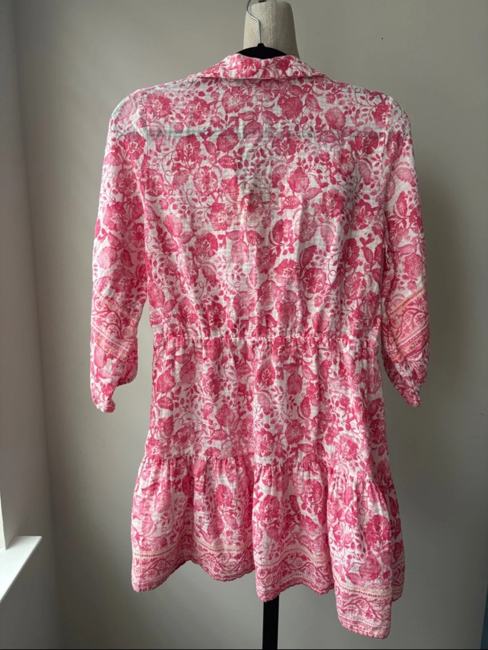 Zara Dress Womens Medium Pink White Floral V-Neck Tiered Tunic Ballon Sleeve - Picture 6 of 7